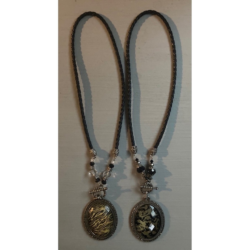 Lot of 2 Choker Statement Necklaces Black Yellow Animal Print Toggle